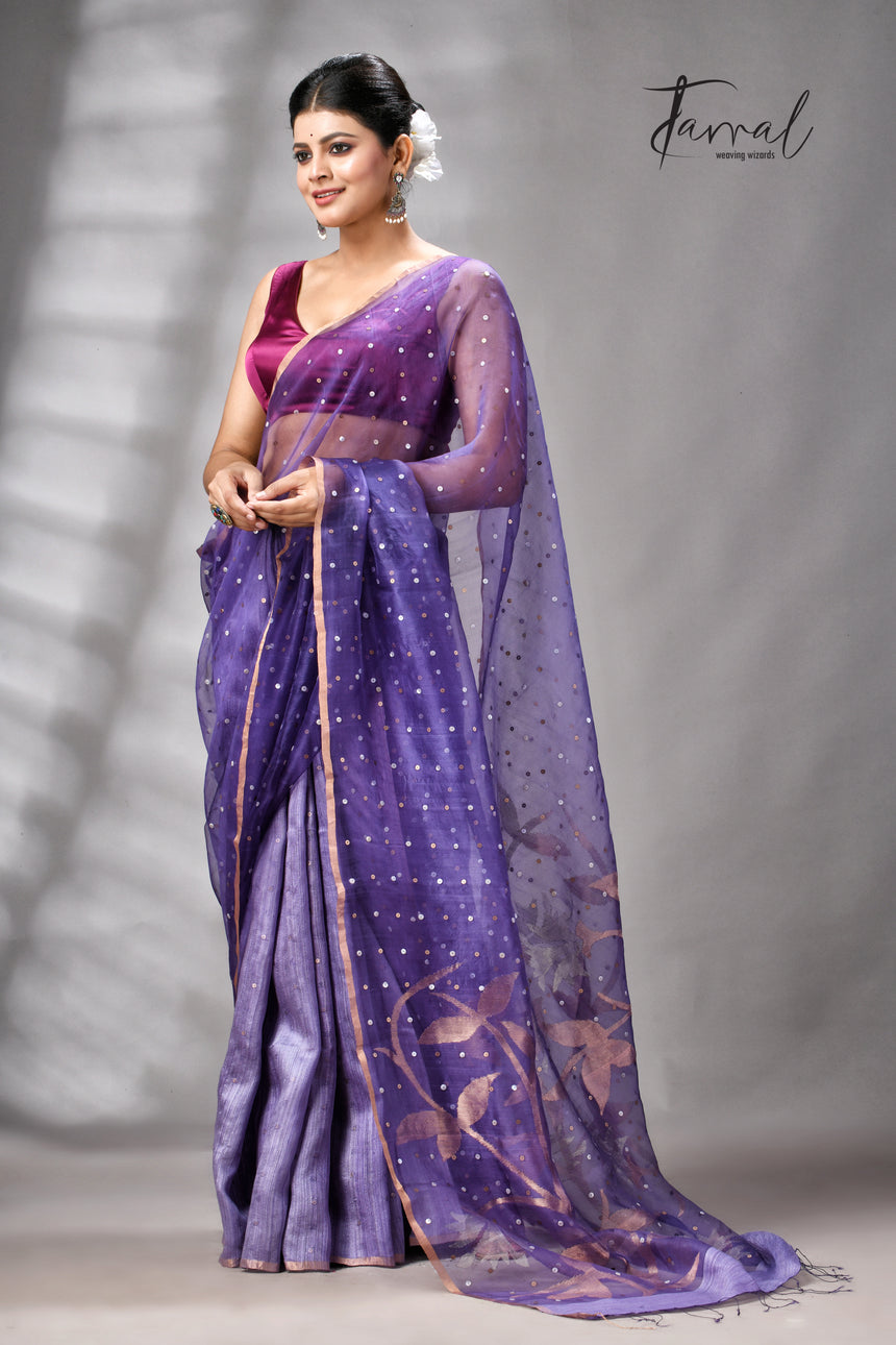 Dark Lavender Half Muslin & Half Matka Silk Handwoven Jamdani With Sequins Work Saree