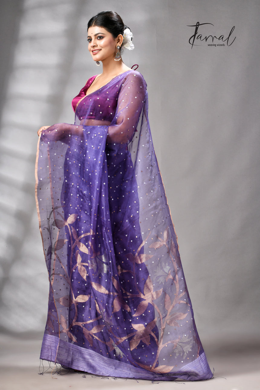 Dark Lavender Half Muslin & Half Matka Silk Handwoven Jamdani With Sequins Work Saree