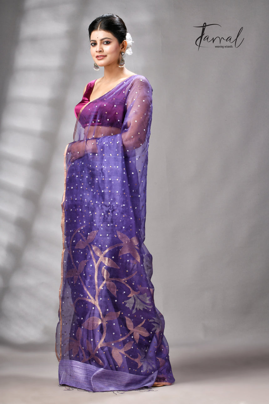 Dark Lavender Half Muslin & Half Matka Silk Handwoven Jamdani With Sequins Work Saree