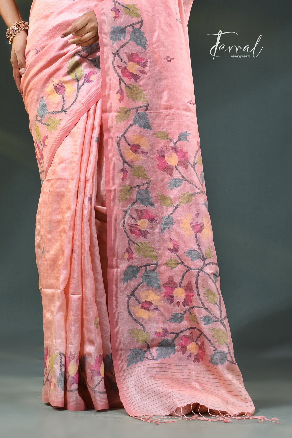 Pastel Rose Pink Tussar Silk Saree with Multicoloured Floral Handwoven Needlework