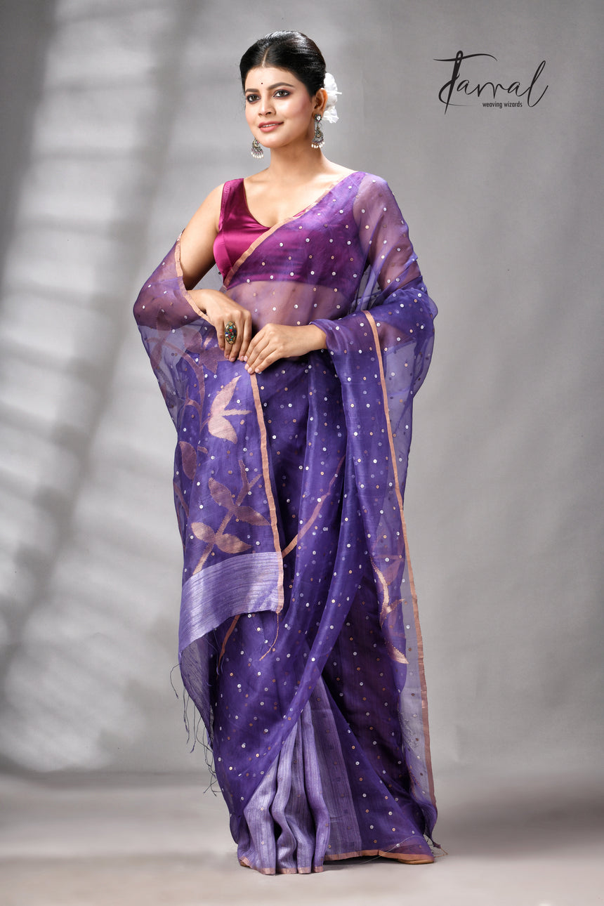 Dark Lavender Half Muslin & Half Matka Silk Handwoven Jamdani With Sequins Work Saree