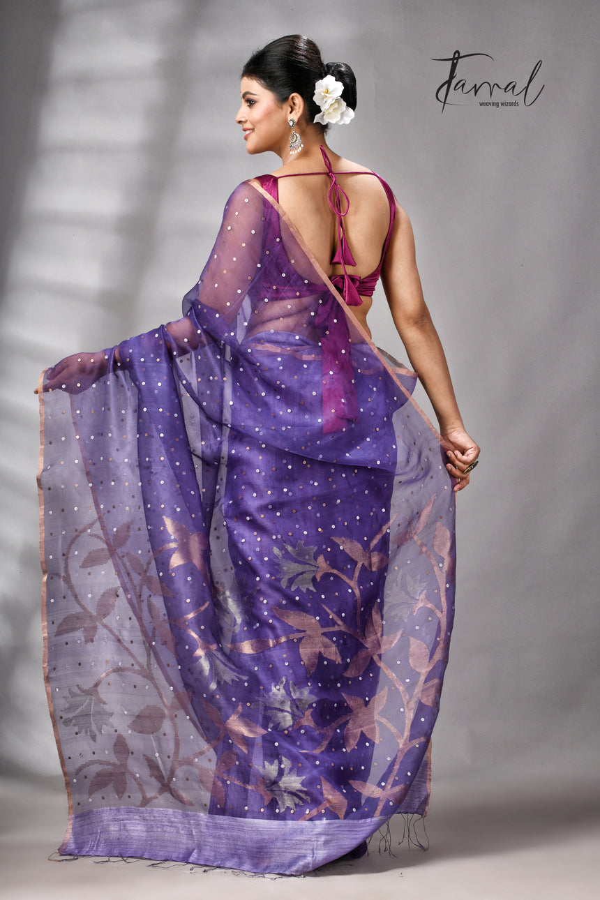 Dark Lavender Half Muslin & Half Matka Silk Handwoven Jamdani With Sequins Work Saree