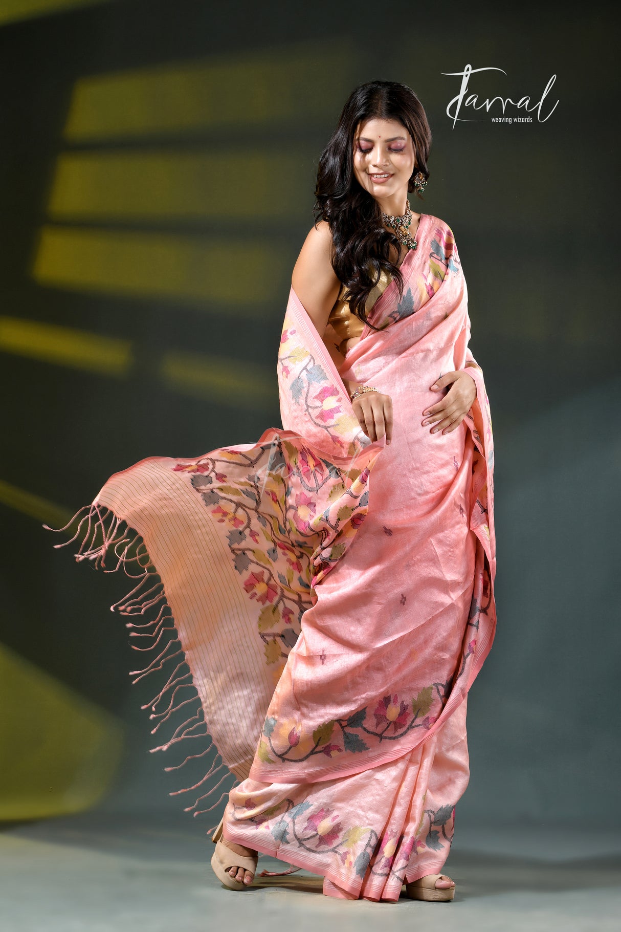 Pastel Rose Pink Tussar Silk Saree with Multicoloured Floral Handwoven Needlework