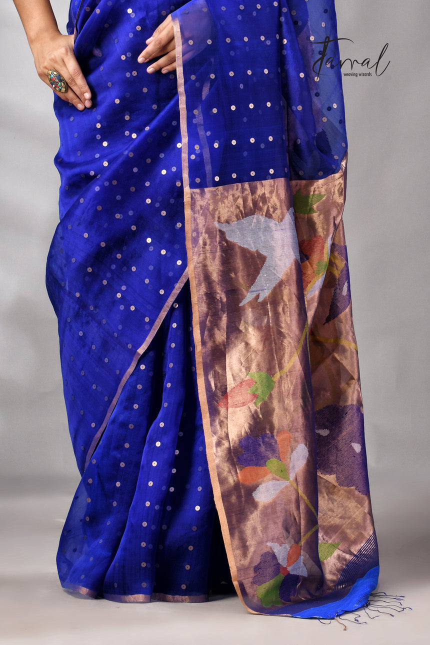 Royal Blue Muslin Silk Paithani Sequins Handwoven Jamdani Saree