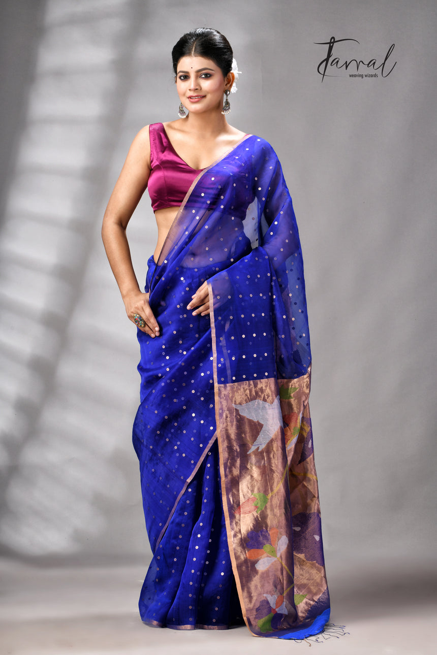 Royal Blue Muslin Silk Paithani Sequins Handwoven Jamdani Saree
