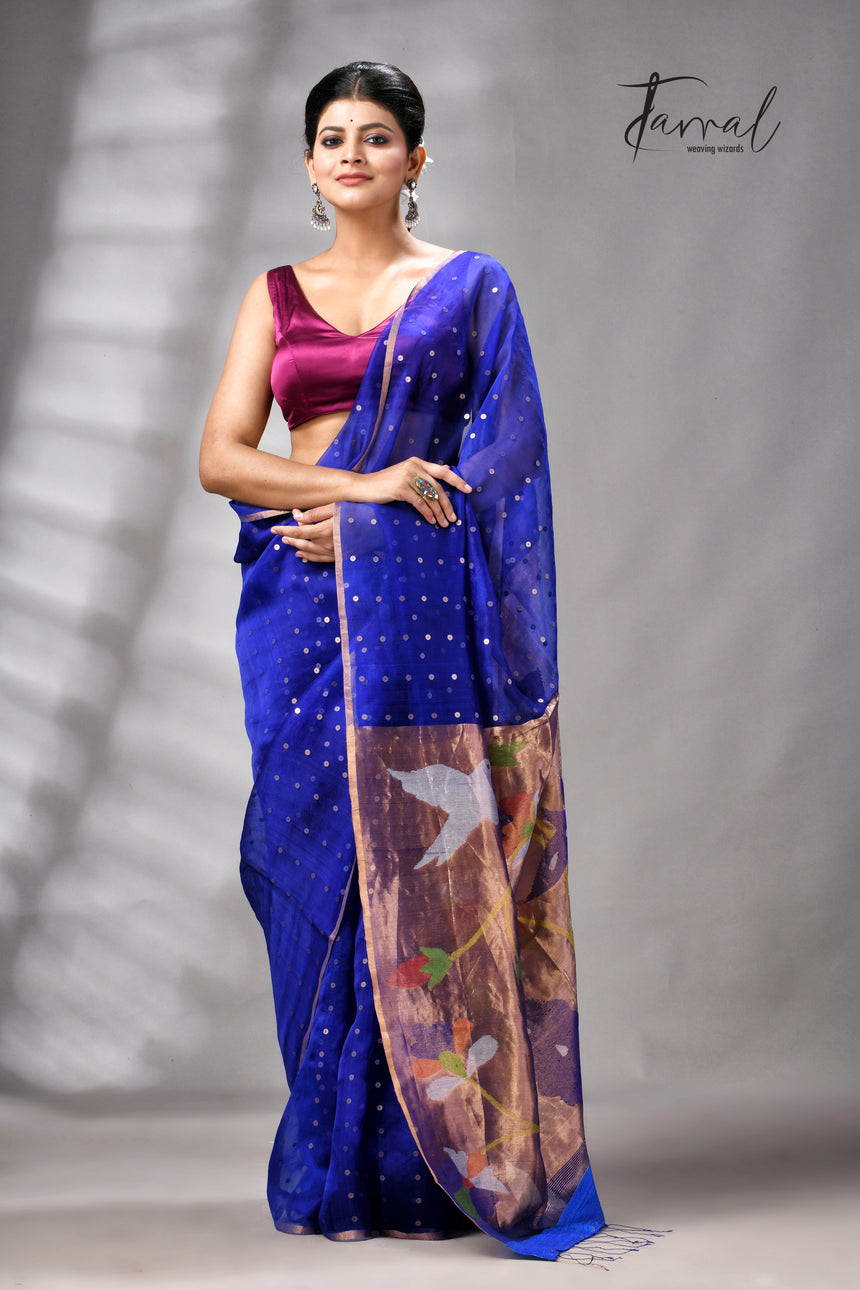 Royal Blue Muslin Silk Paithani Sequins Handwoven Jamdani Saree