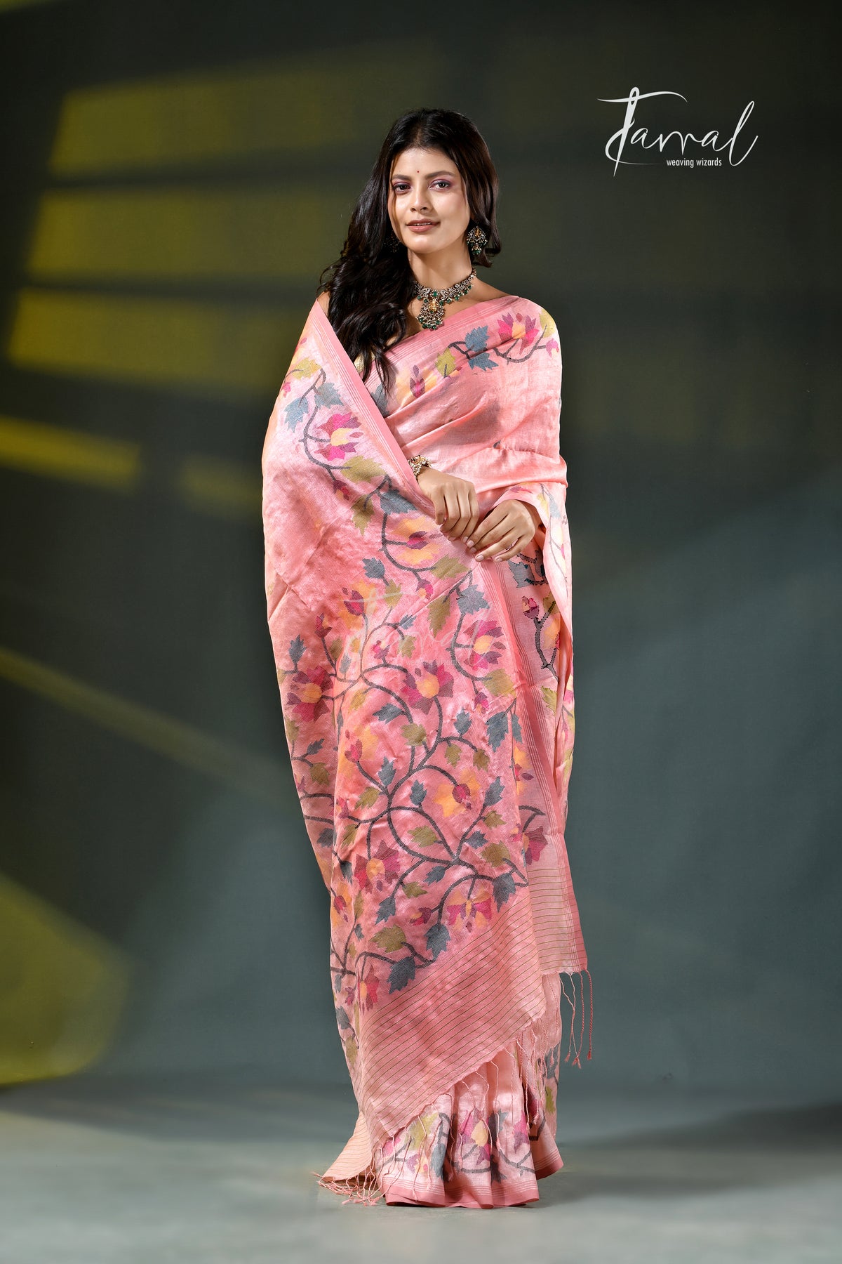 Pink with multicoloured tussar silk handwoven needlework jamdani saree