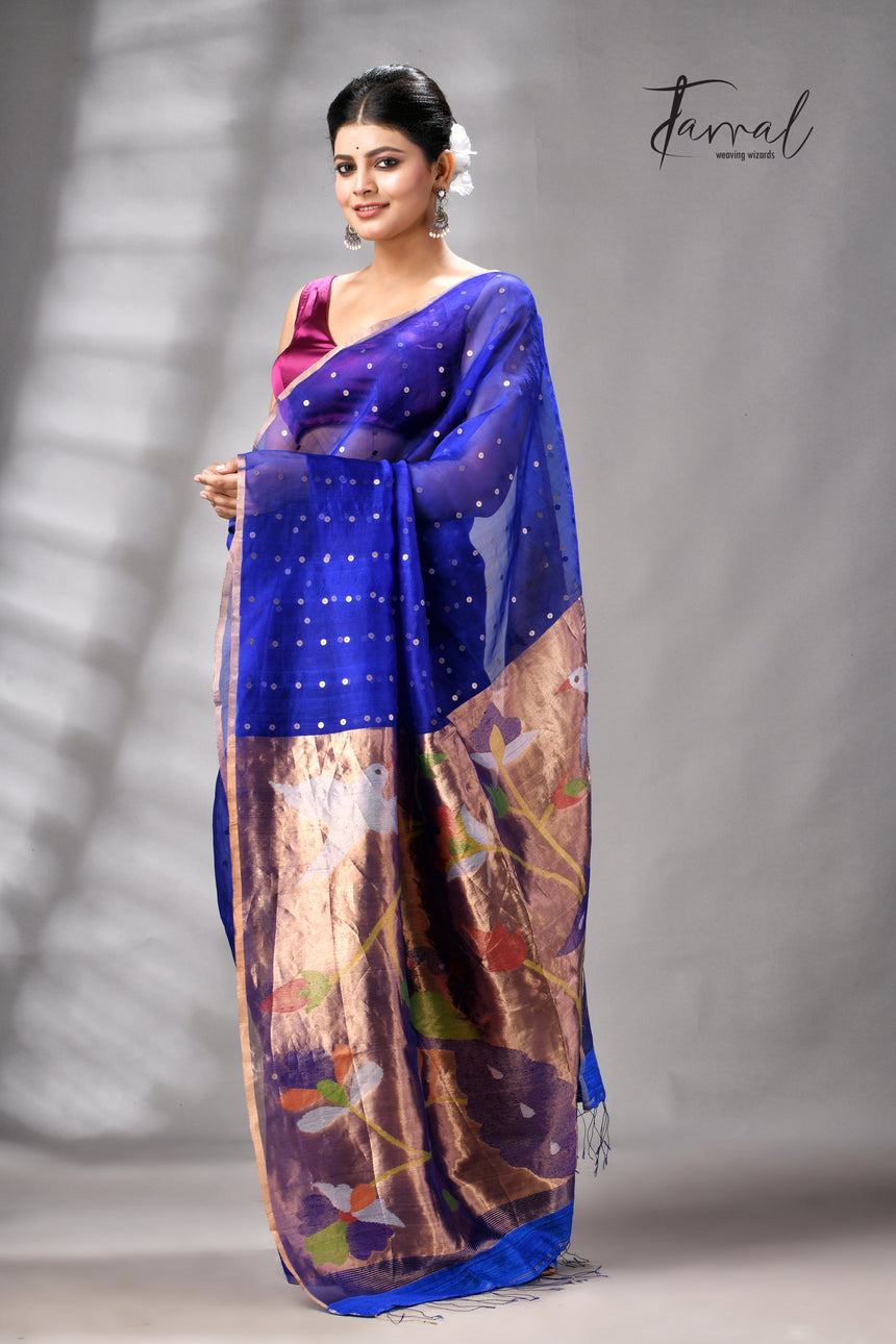 Royal Blue Muslin Silk Paithani Sequins Handwoven Jamdani Saree