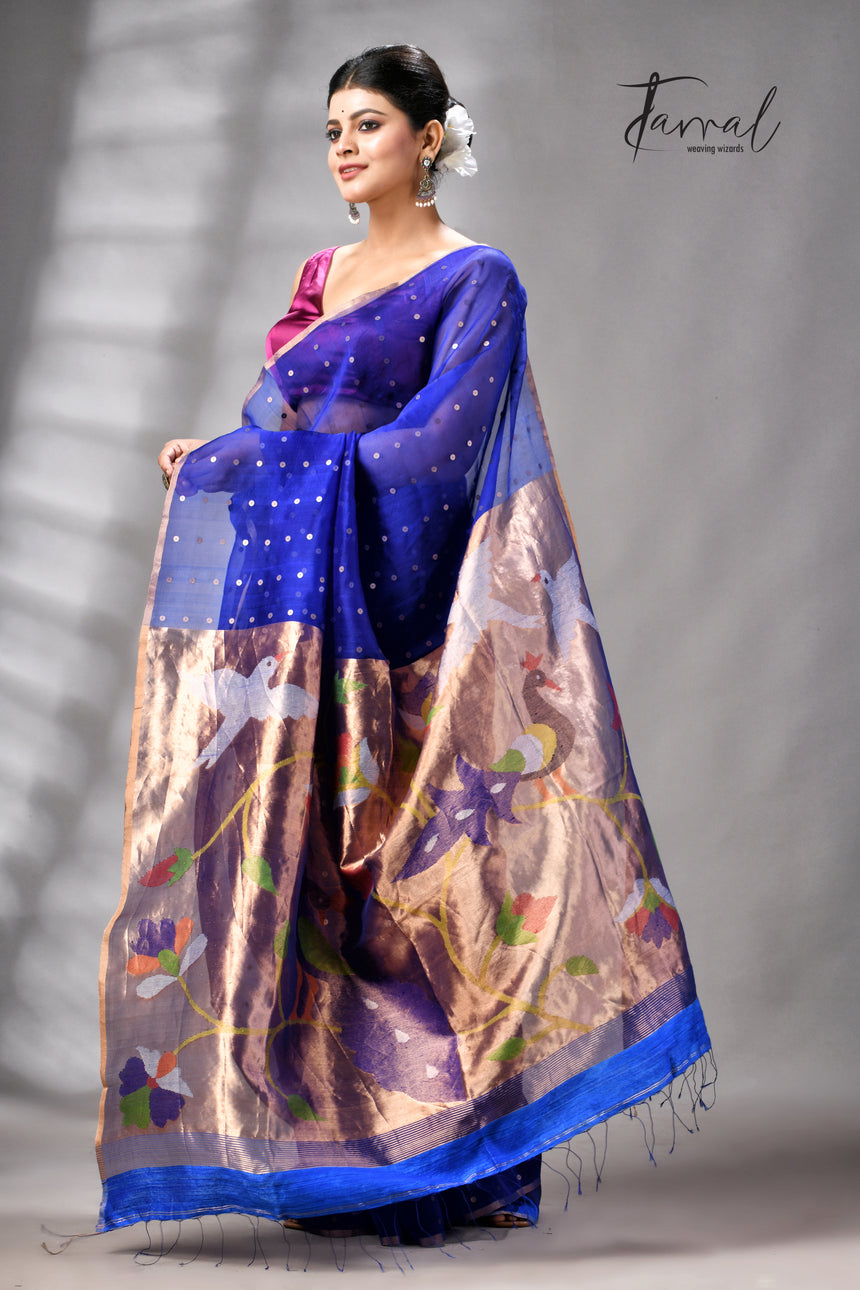 Royal Blue Muslin Silk Paithani Sequins Handwoven Jamdani Saree