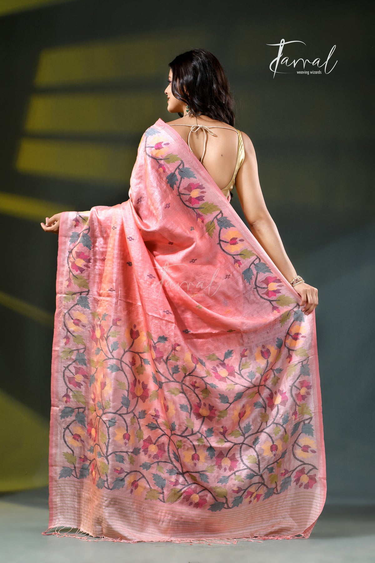 Pink with multicoloured tussar silk handwoven needlework jamdani saree