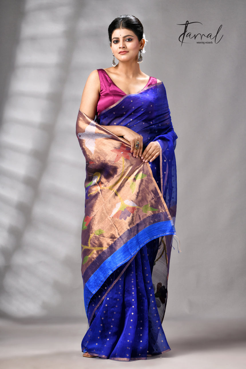 Royal Blue Muslin Silk Paithani Sequins Handwoven Jamdani Saree