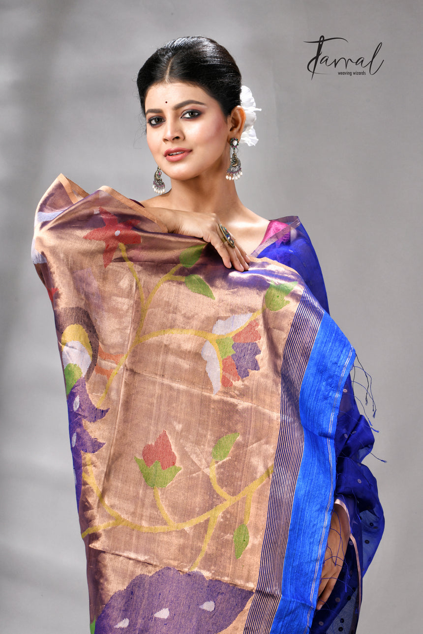 Royal Blue Muslin Silk Paithani Sequins Handwoven Jamdani Saree
