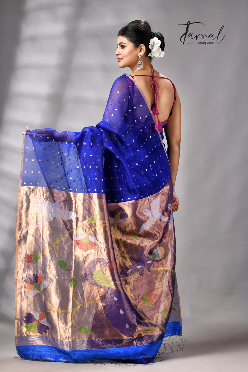 Royal Blue Muslin Silk Paithani Sequins Handwoven Jamdani Saree