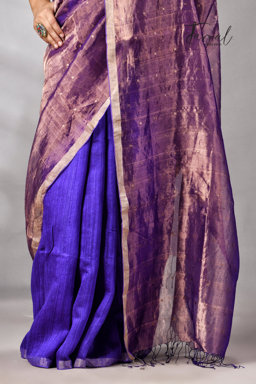 Copper Zari With Purple Colour Half Tissue Sequins & Half Matka Silk Handloom Saree