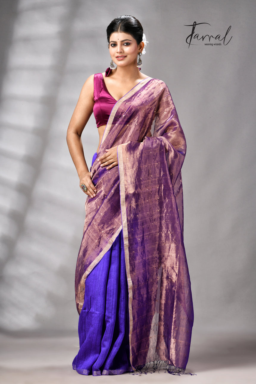 Copper Zari With Purple Colour Half Tissue Sequins & Half Matka Silk Handloom Saree