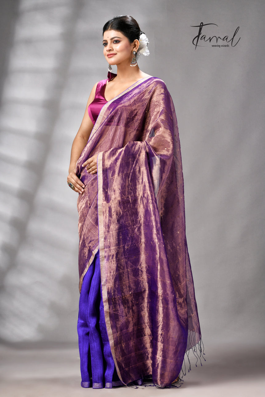 Copper Zari With Purple Colour Half Tissue Sequins & Half Matka Silk Handloom Saree