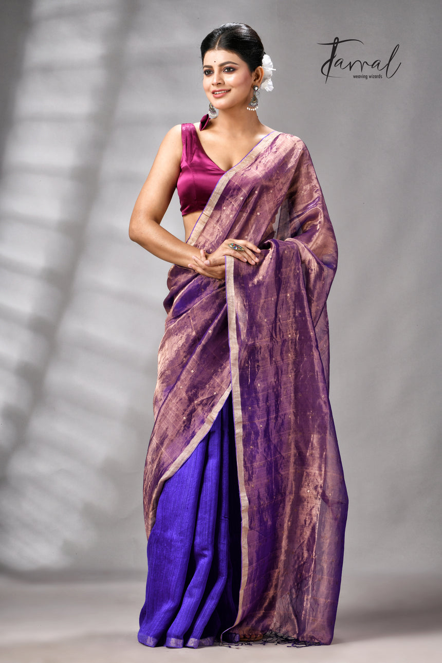 Copper Zari With Purple Colour Half Tissue Sequins & Half Matka Silk Handloom Saree