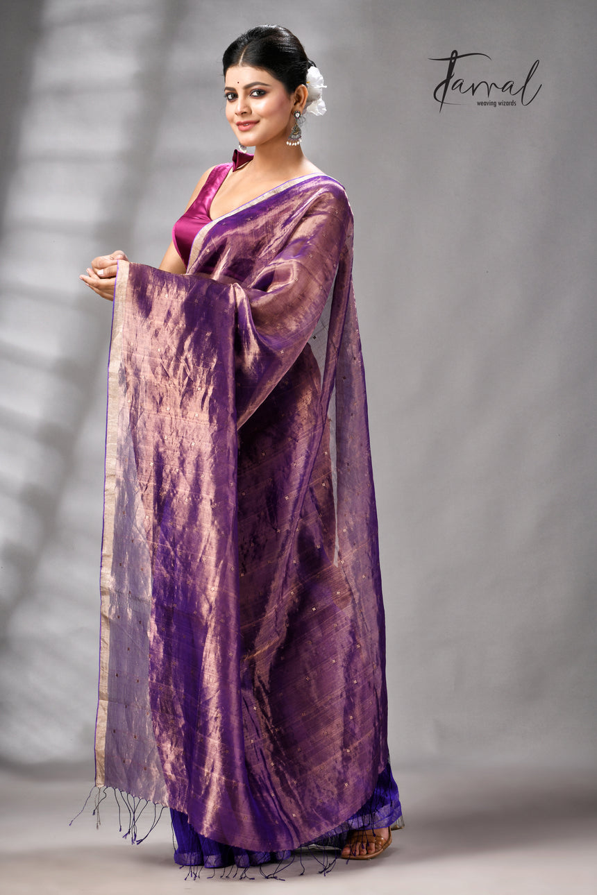 Copper Zari With Purple Colour Half Tissue Sequins & Half Matka Silk Handloom Saree