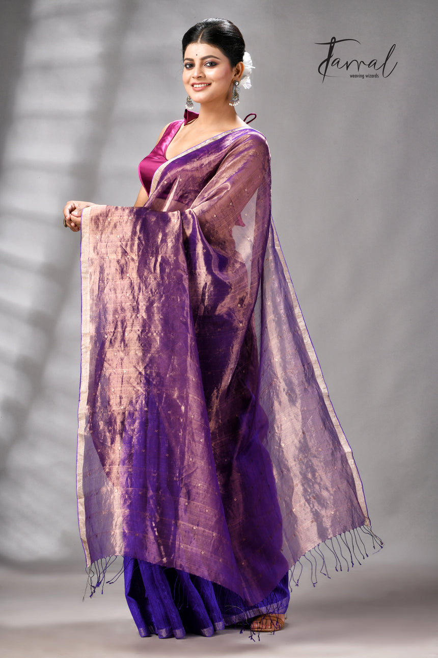Copper Zari With Purple Colour Half Tissue Sequins & Half Matka Silk Handloom Saree