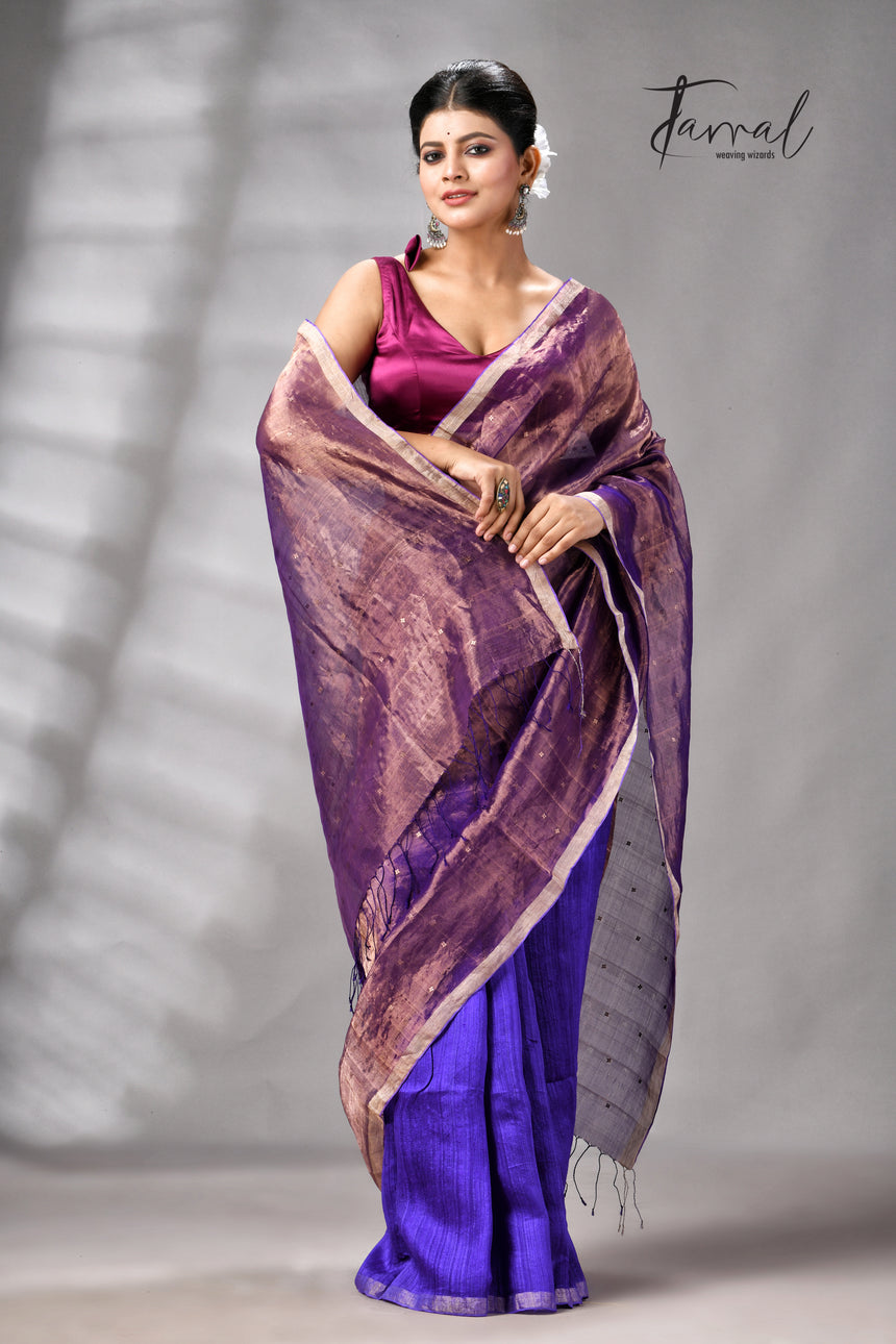 Copper Zari With Purple Colour Half Tissue Sequins & Half Matka Silk Handloom Saree