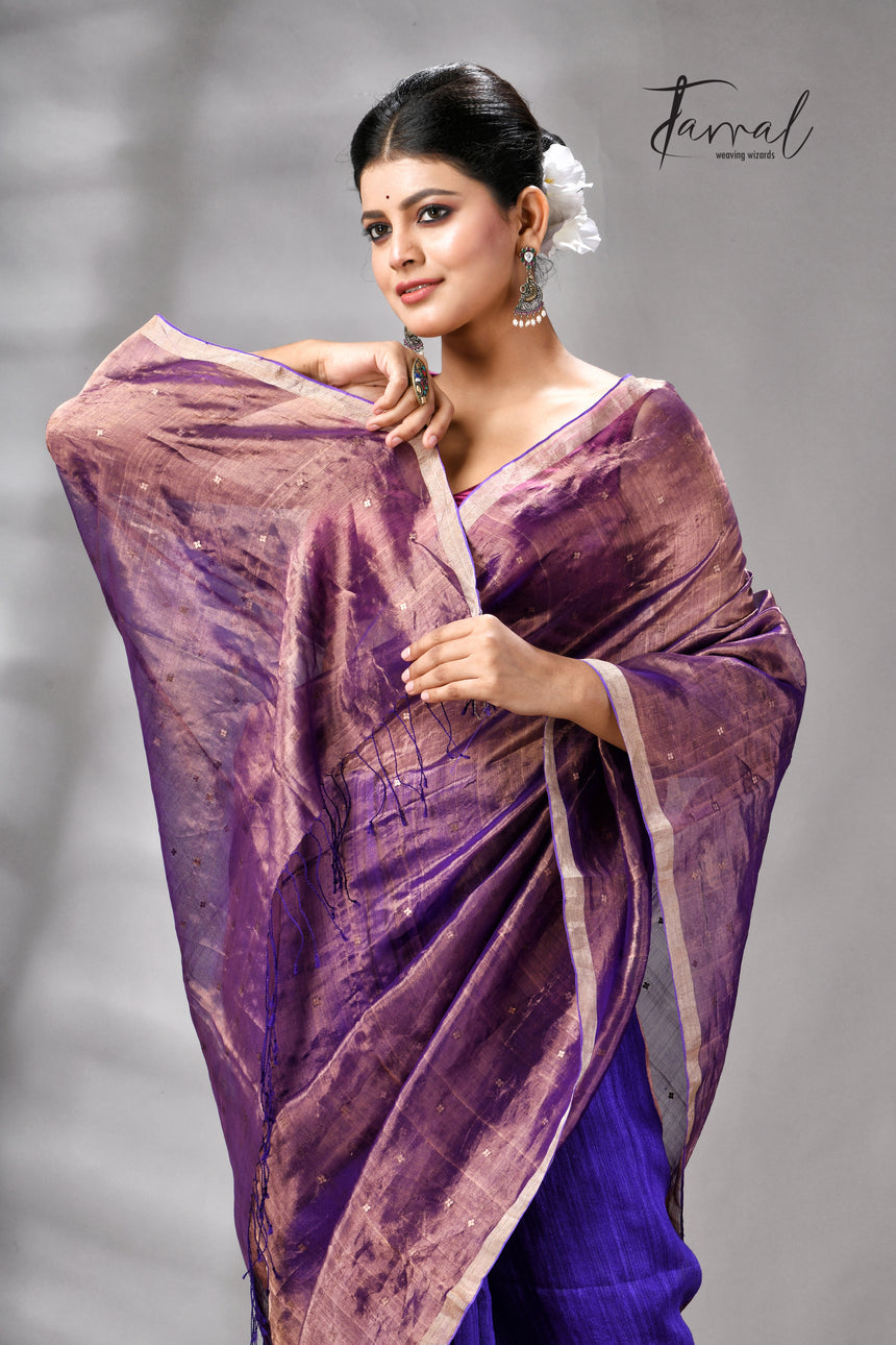 Copper Zari With Purple Colour Half Tissue Sequins & Half Matka Silk Handloom Saree