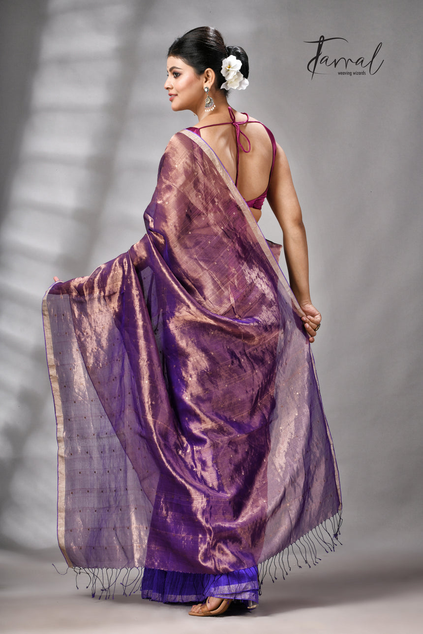 Copper Zari With Purple Colour Half Tissue Sequins & Half Matka Silk Handloom Saree