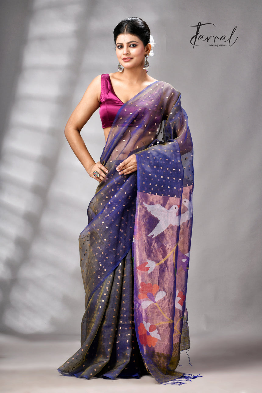 Blueish yellow muslin silk Paithani sequins handwoven jamdani saree