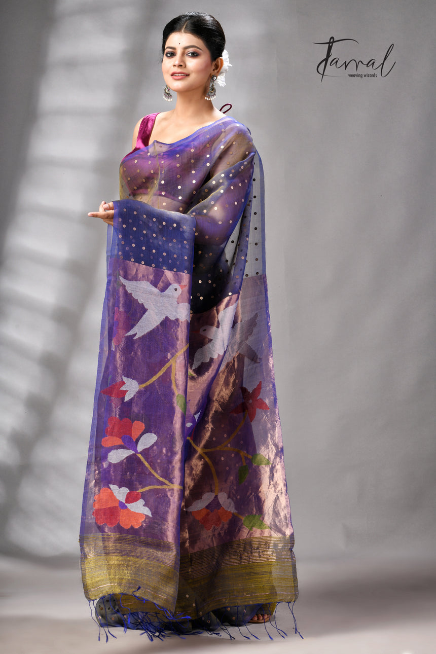 Blueish yellow muslin silk Paithani sequins handwoven jamdani saree