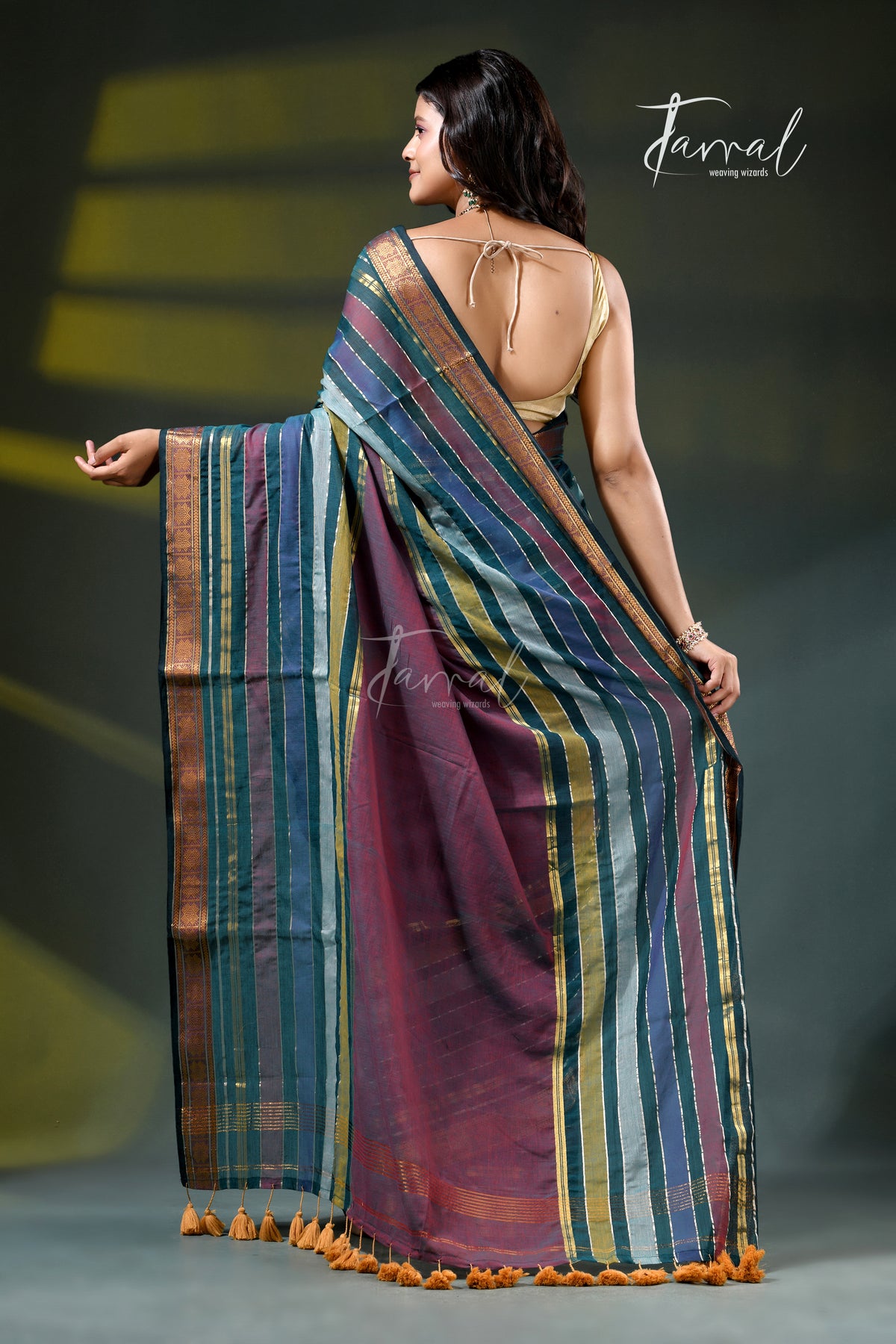 Purple Mauve Cotton Handloom Saree | Zari & Multi-Colour Stripe Weave | Tamal Boutique