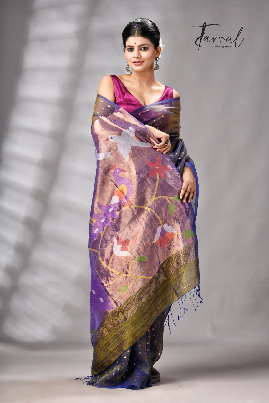 Blueish yellow muslin silk Paithani sequins handwoven jamdani saree