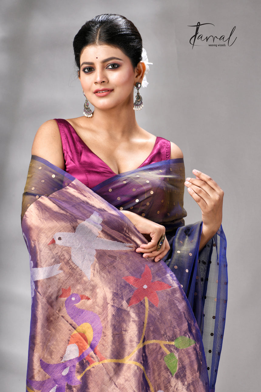 Blueish yellow muslin silk Paithani sequins handwoven jamdani saree