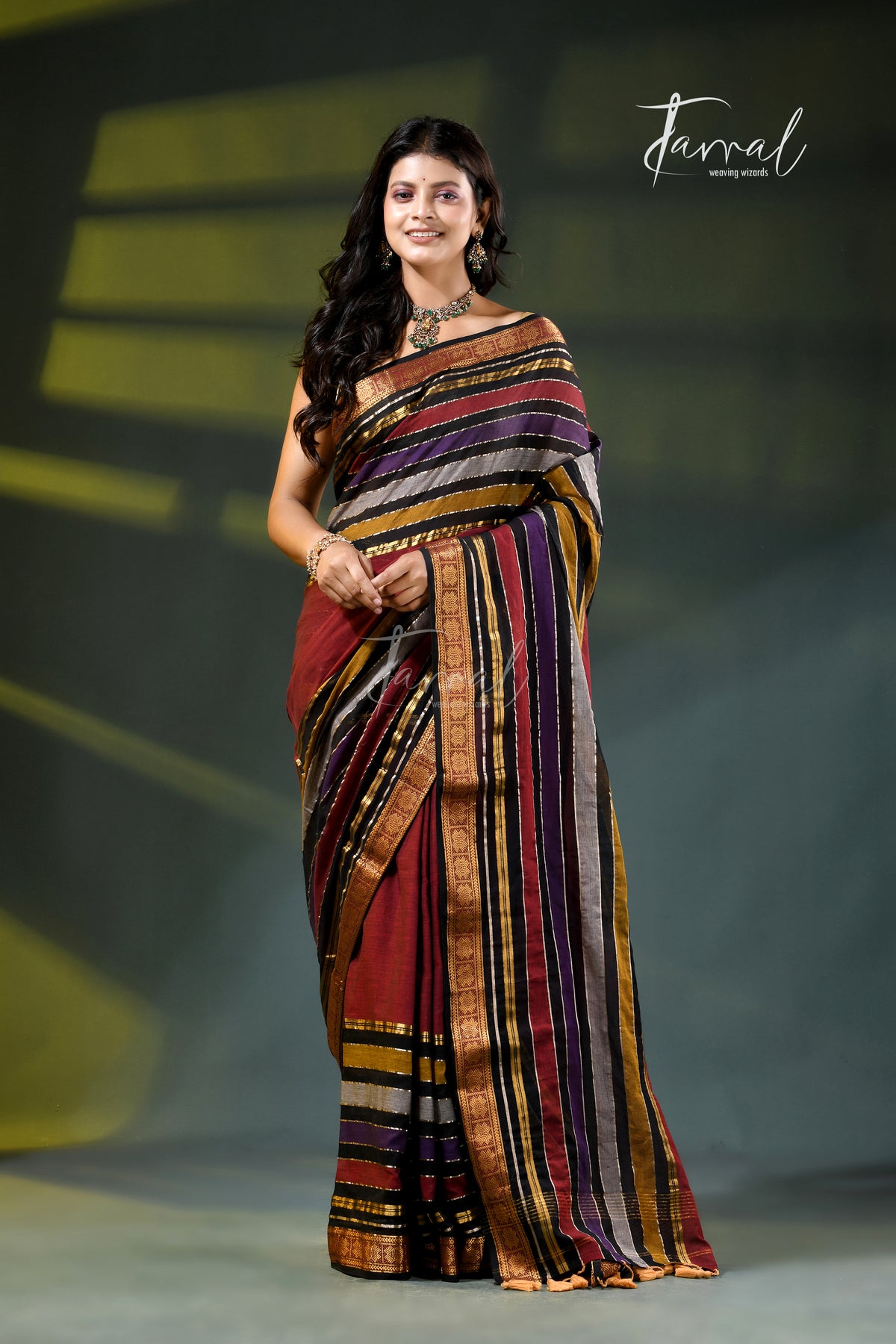 Deep Red Cotton Handloom Saree | Zari & Multi-Colour Stripe Weave | Tamal Boutique
