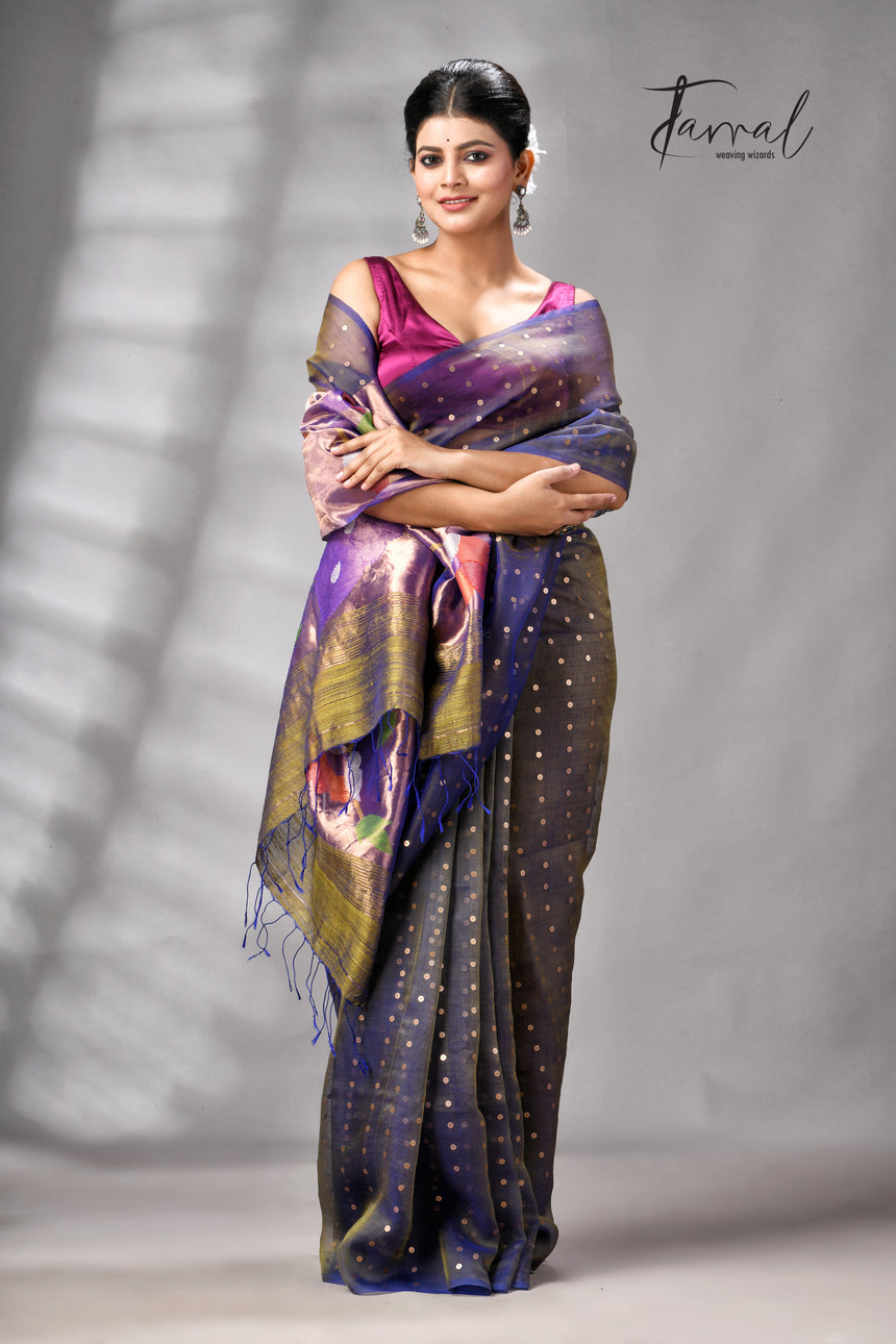 Blueish yellow muslin silk Paithani sequins handwoven jamdani saree