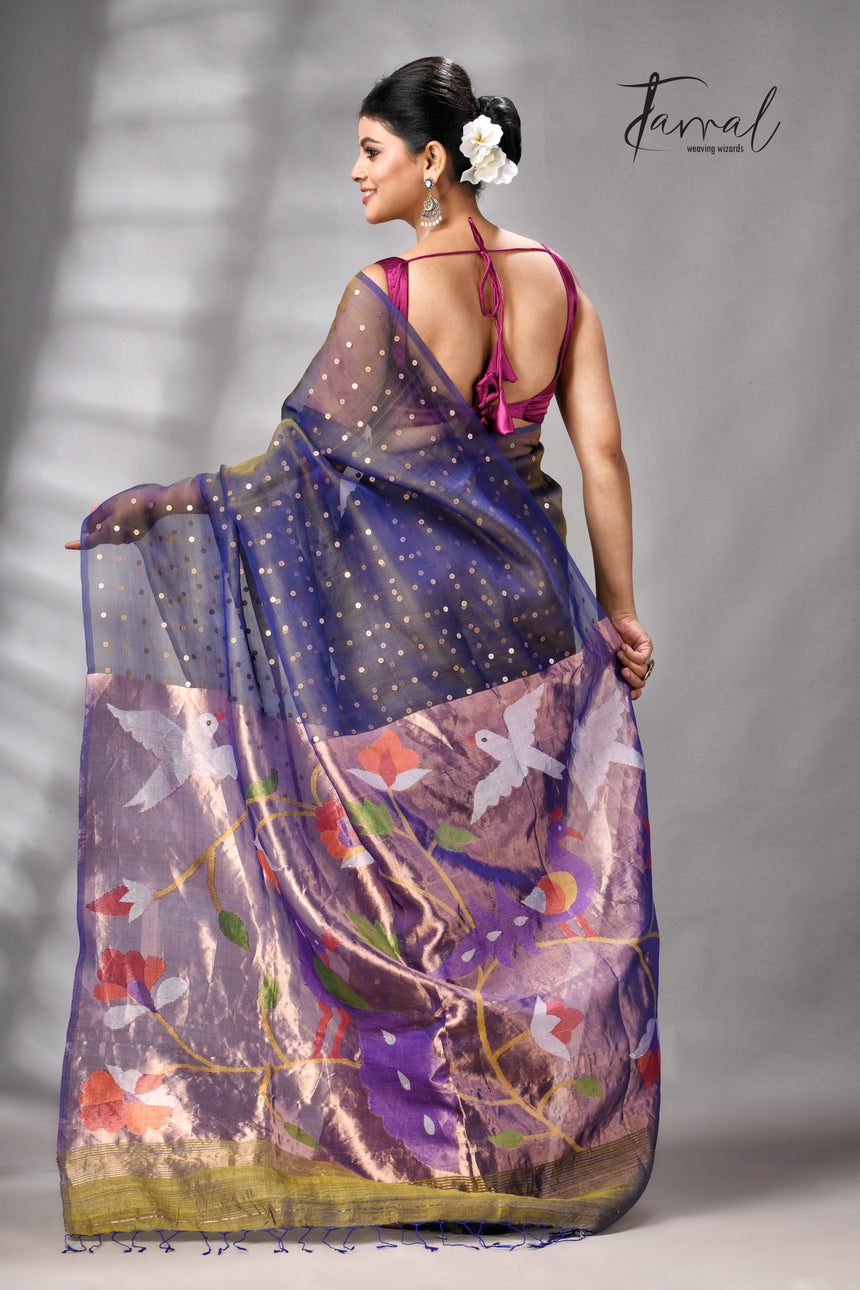 Blueish yellow muslin silk Paithani sequins handwoven jamdani saree