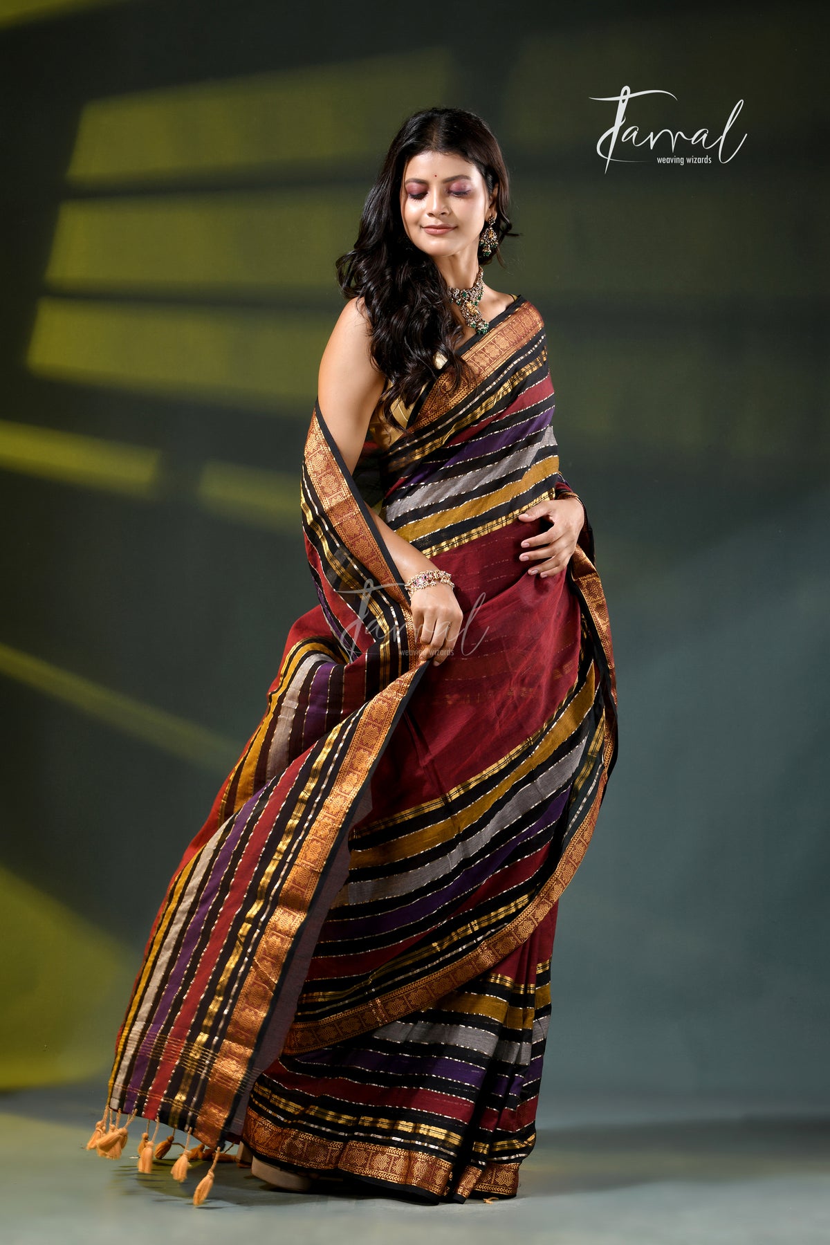 Deep Red Cotton Handloom Saree | Zari & Multi-Colour Stripe Weave | Tamal Boutique