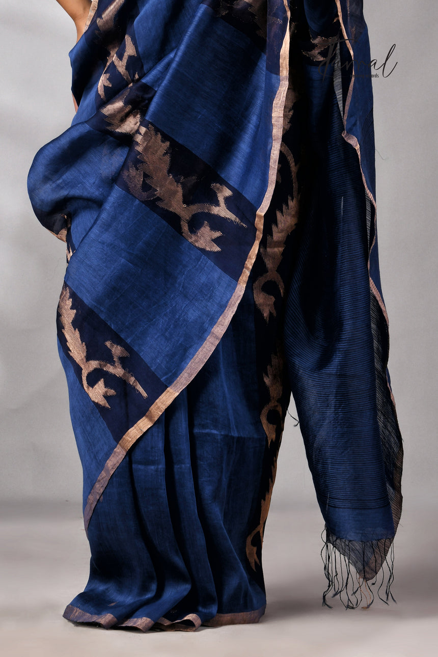Indigo With Zari Border Pure Silk Linen Handwoven Jamdani Saree