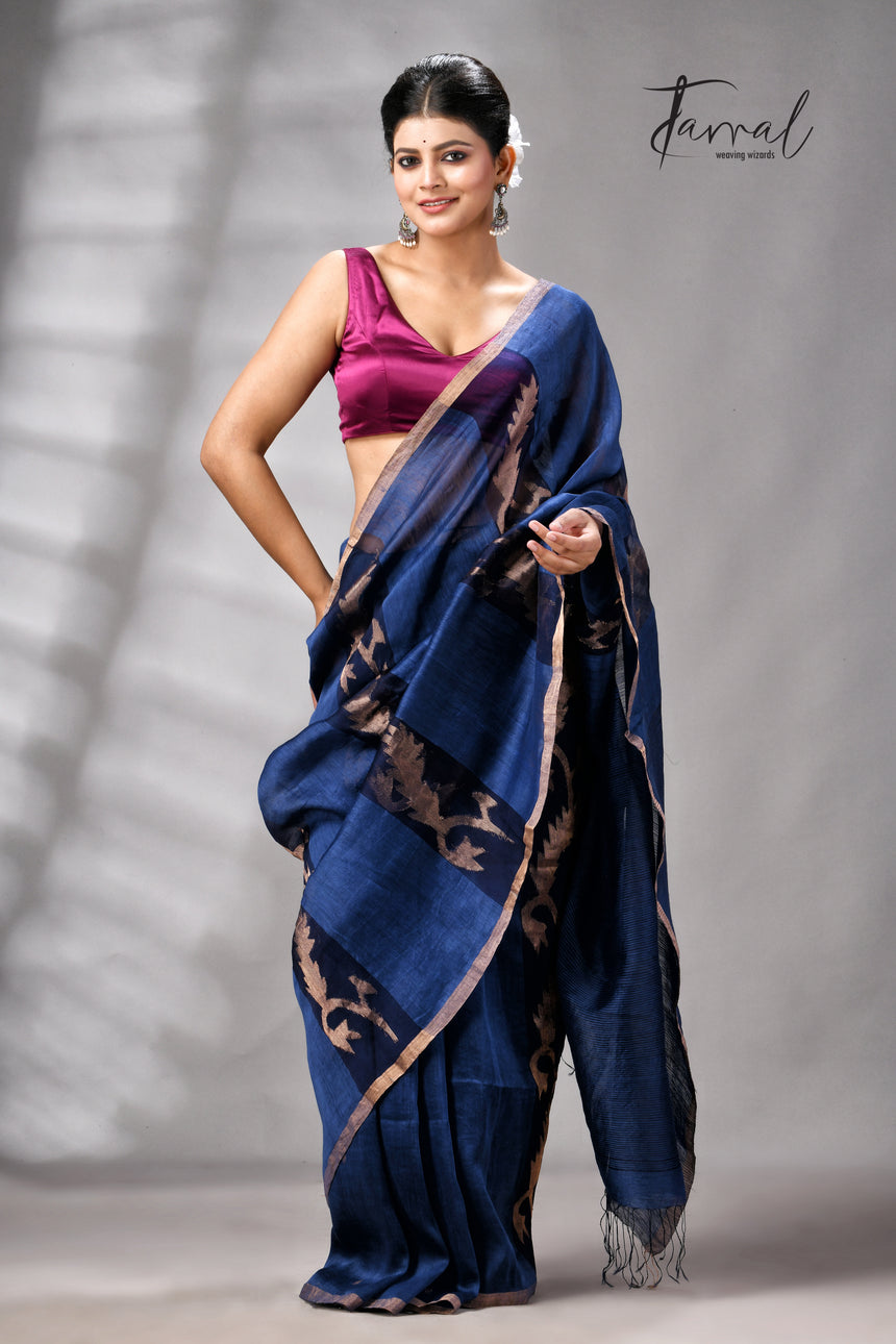 Indigo With Zari Border Pure Silk Linen Handwoven Jamdani Saree