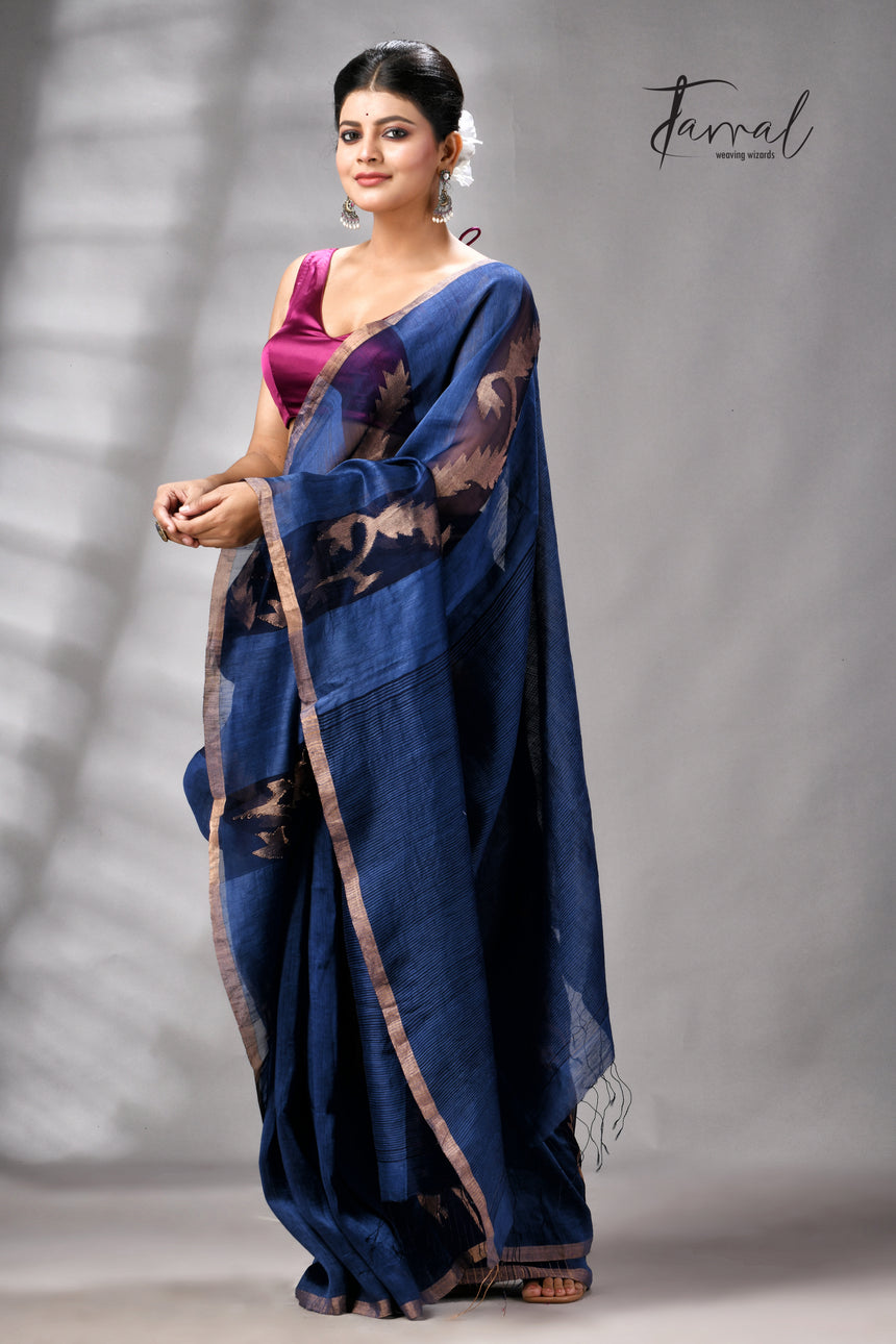 Indigo With Zari Border Pure Silk Linen Handwoven Jamdani Saree