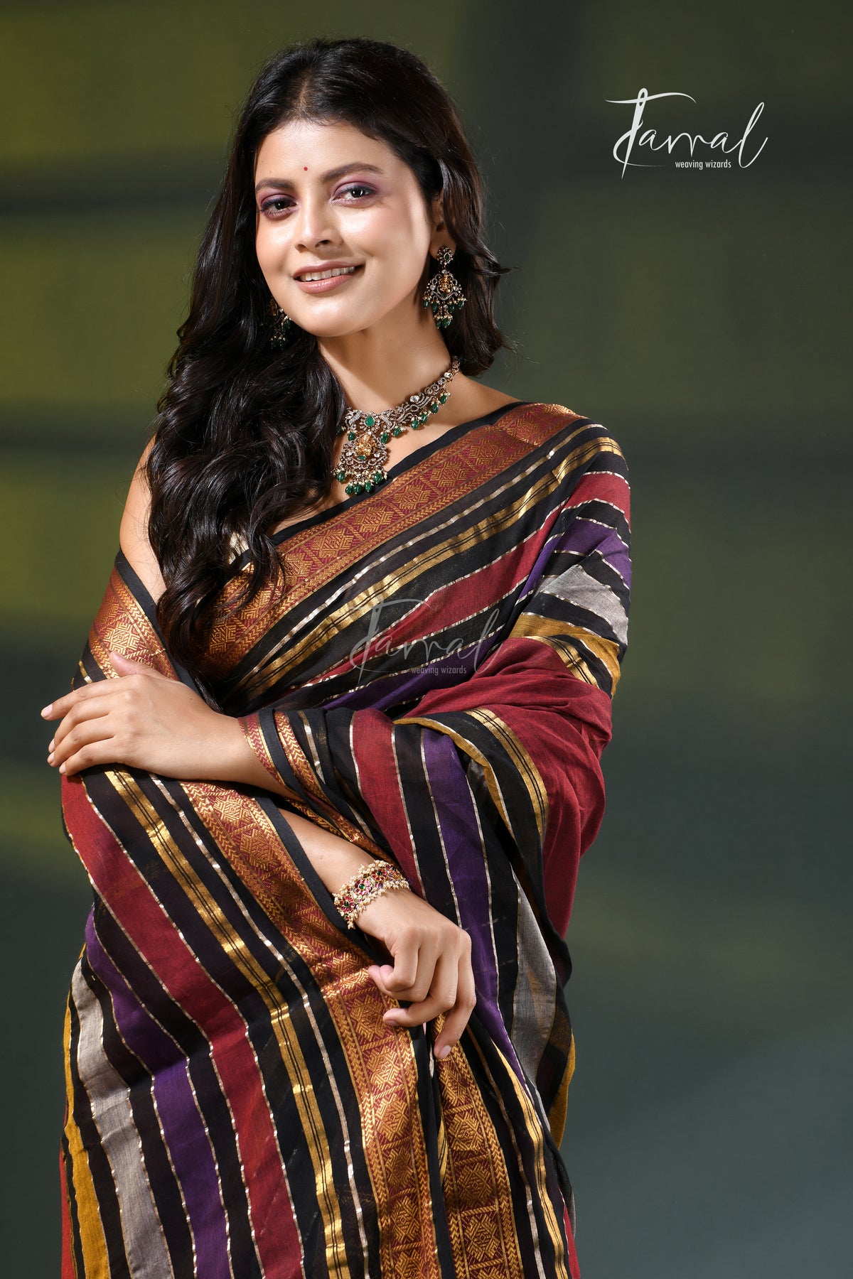 Deep Red Cotton Handloom Saree | Zari & Multi-Colour Stripe Weave | Tamal Boutique