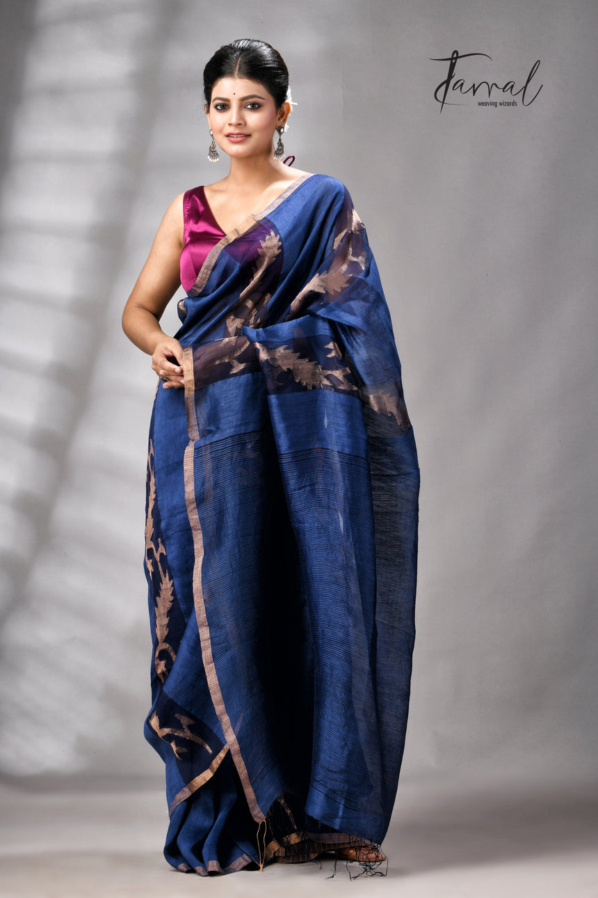 Indigo With Zari Border Pure Silk Linen Handwoven Jamdani Saree