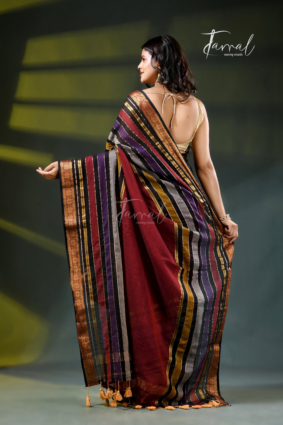 Deep Red Cotton Handloom Saree | Zari & Multi-Colour Stripe Weave | Tamal Boutique