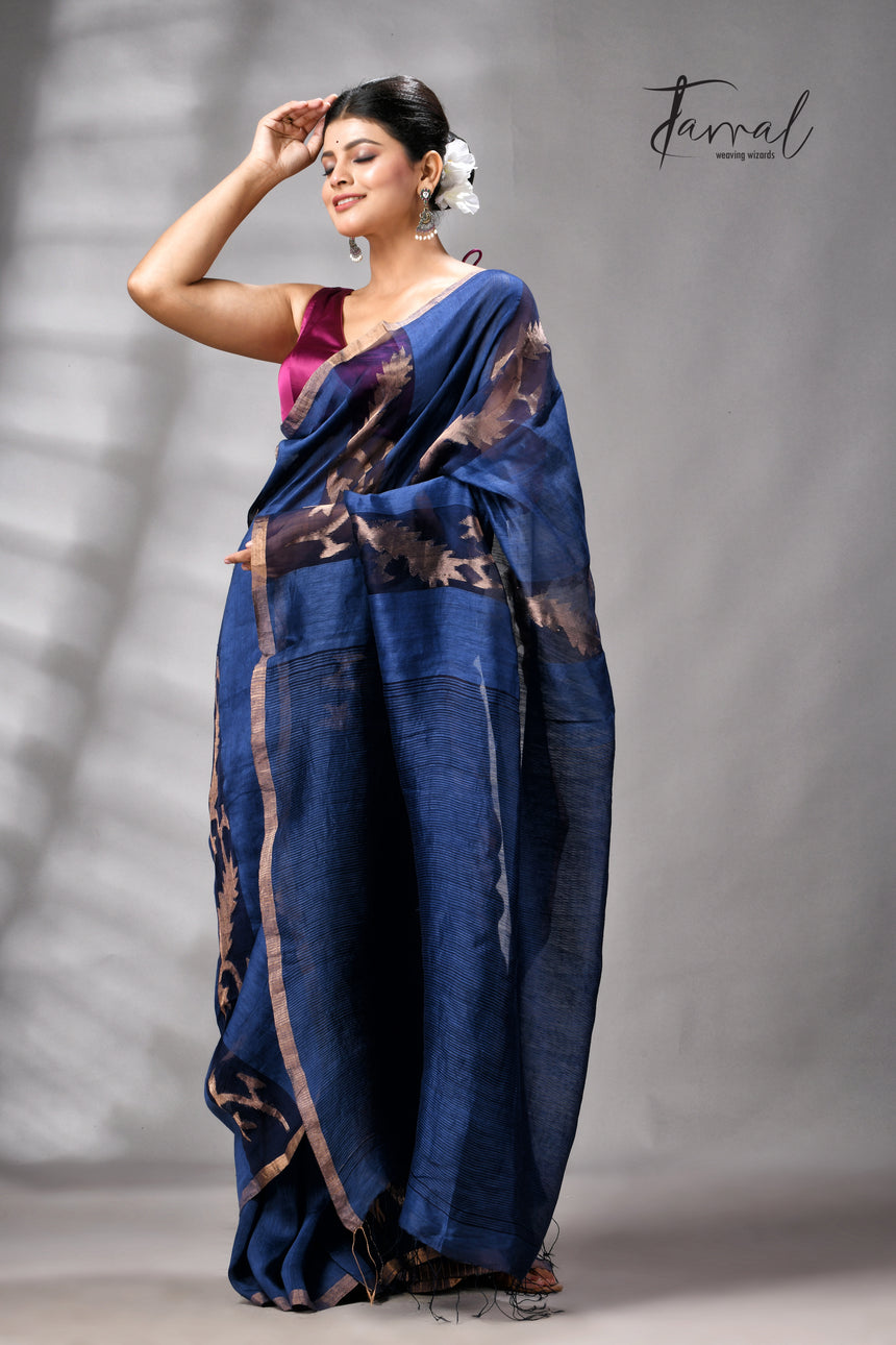 Indigo With Zari Border Pure Silk Linen Handwoven Jamdani Saree