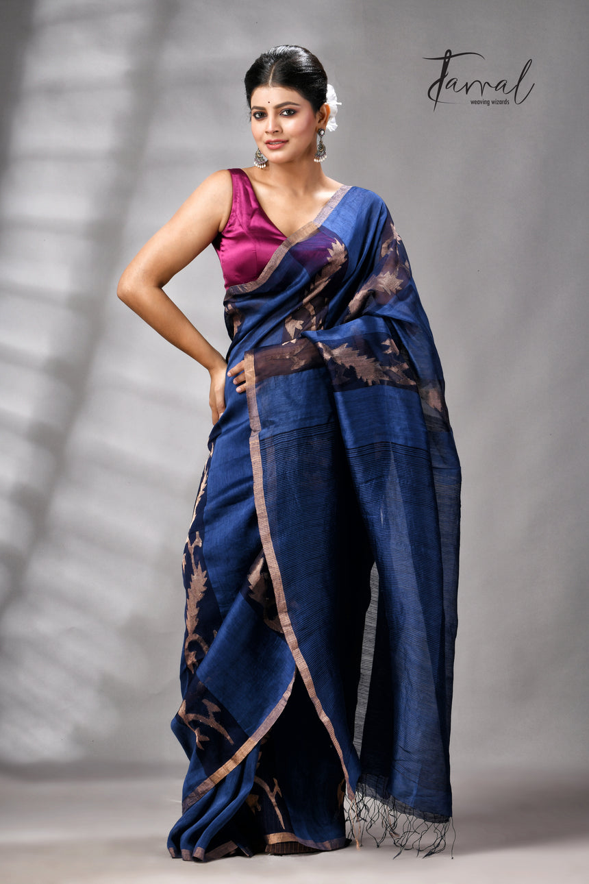 Indigo With Zari Border Pure Silk Linen Handwoven Jamdani Saree