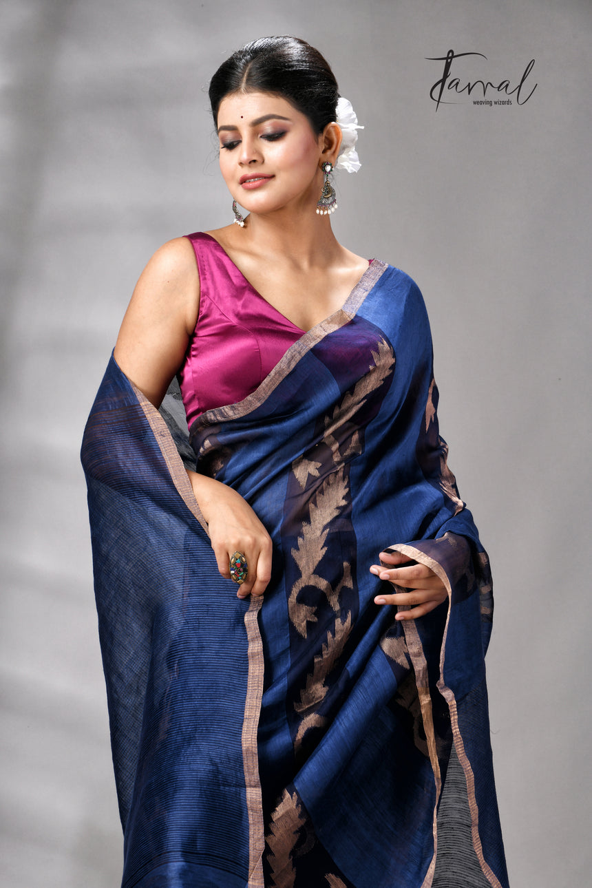 Indigo With Zari Border Pure Silk Linen Handwoven Jamdani Saree
