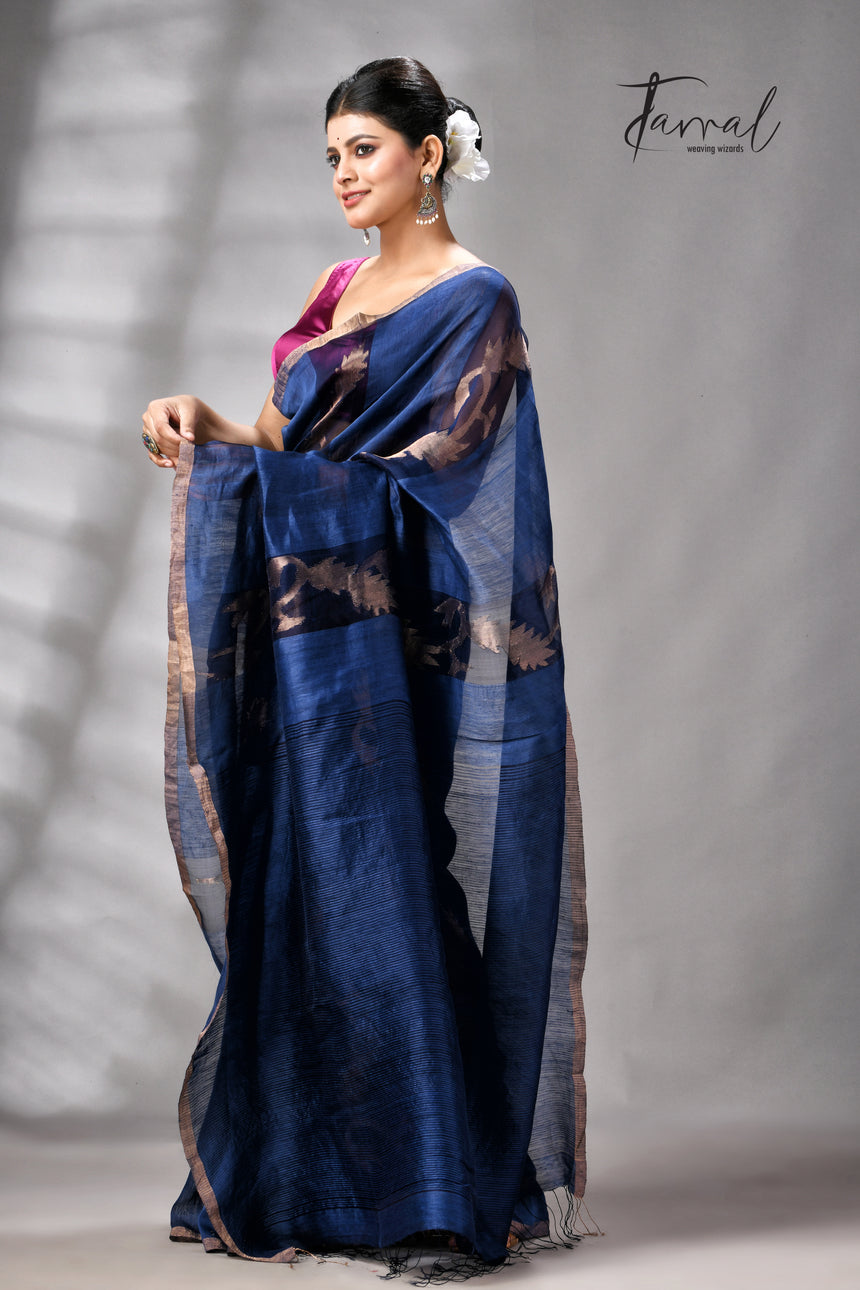 Indigo With Zari Border Pure Silk Linen Handwoven Jamdani Saree