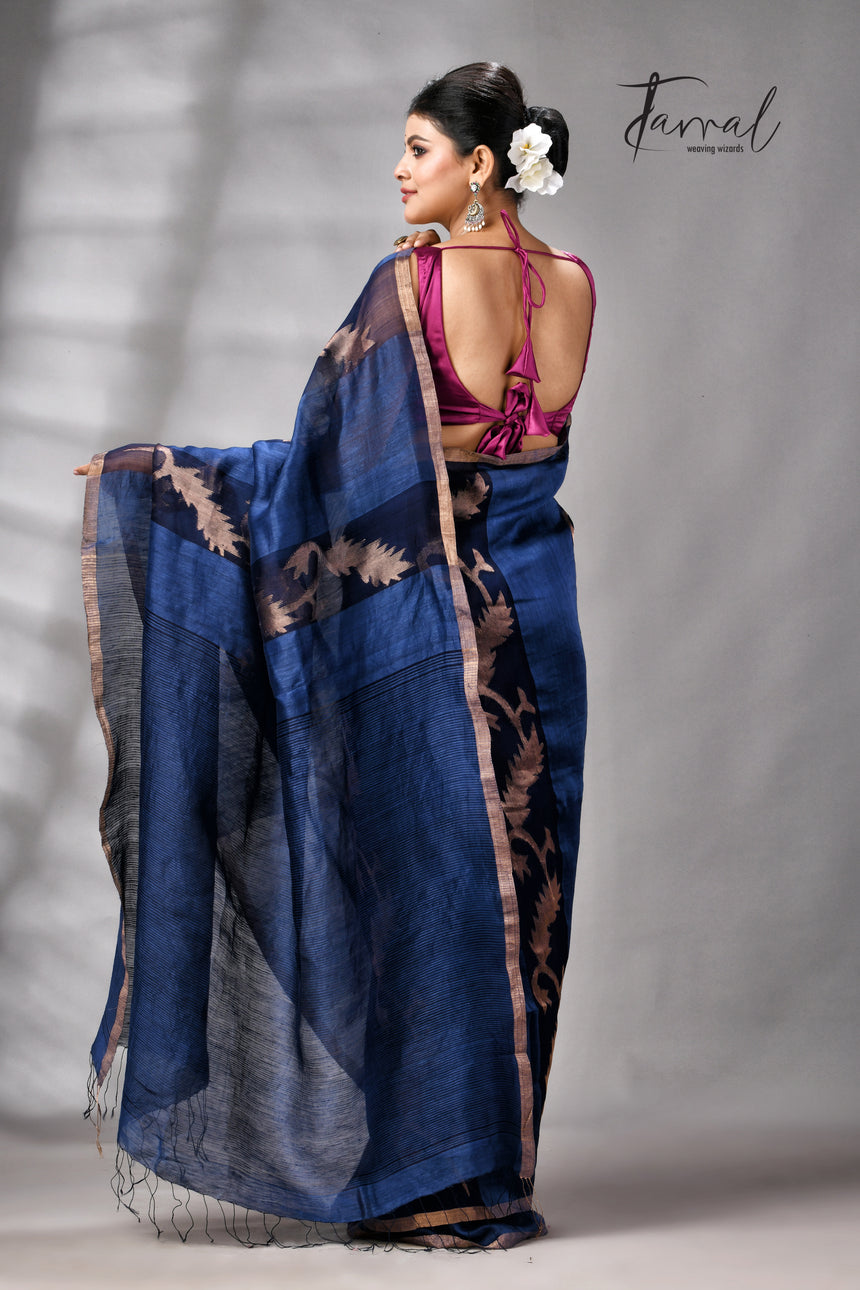 Indigo With Zari Border Pure Silk Linen Handwoven Jamdani Saree