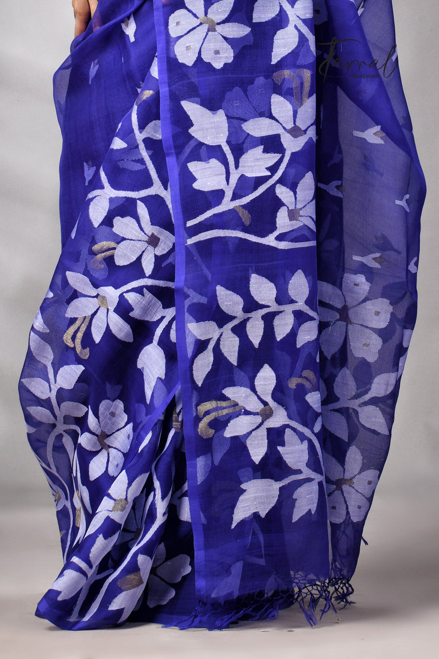 Royal Blue Pure Muslin Silk Handwoven Jamdani Saree