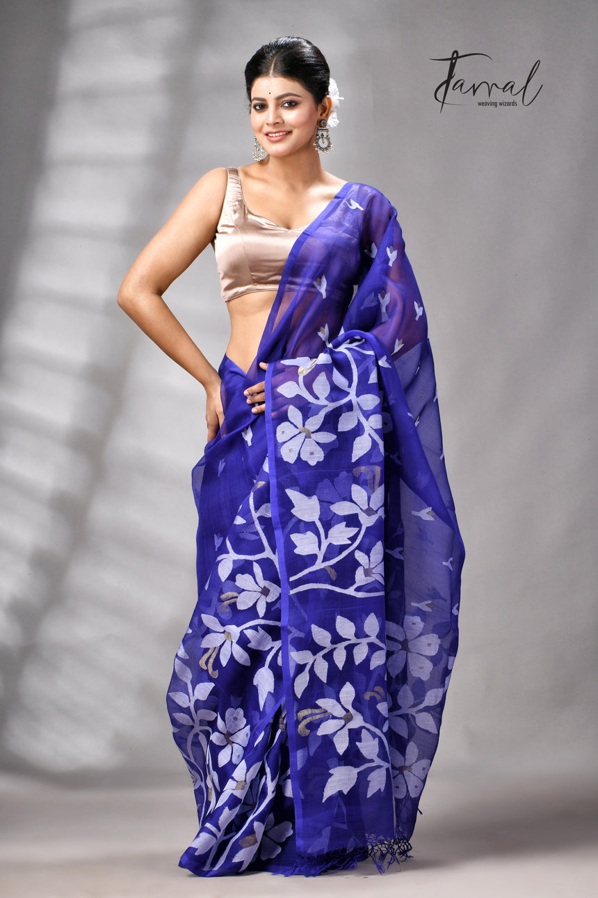 Royal Blue Pure Muslin Silk Handwoven Jamdani Saree