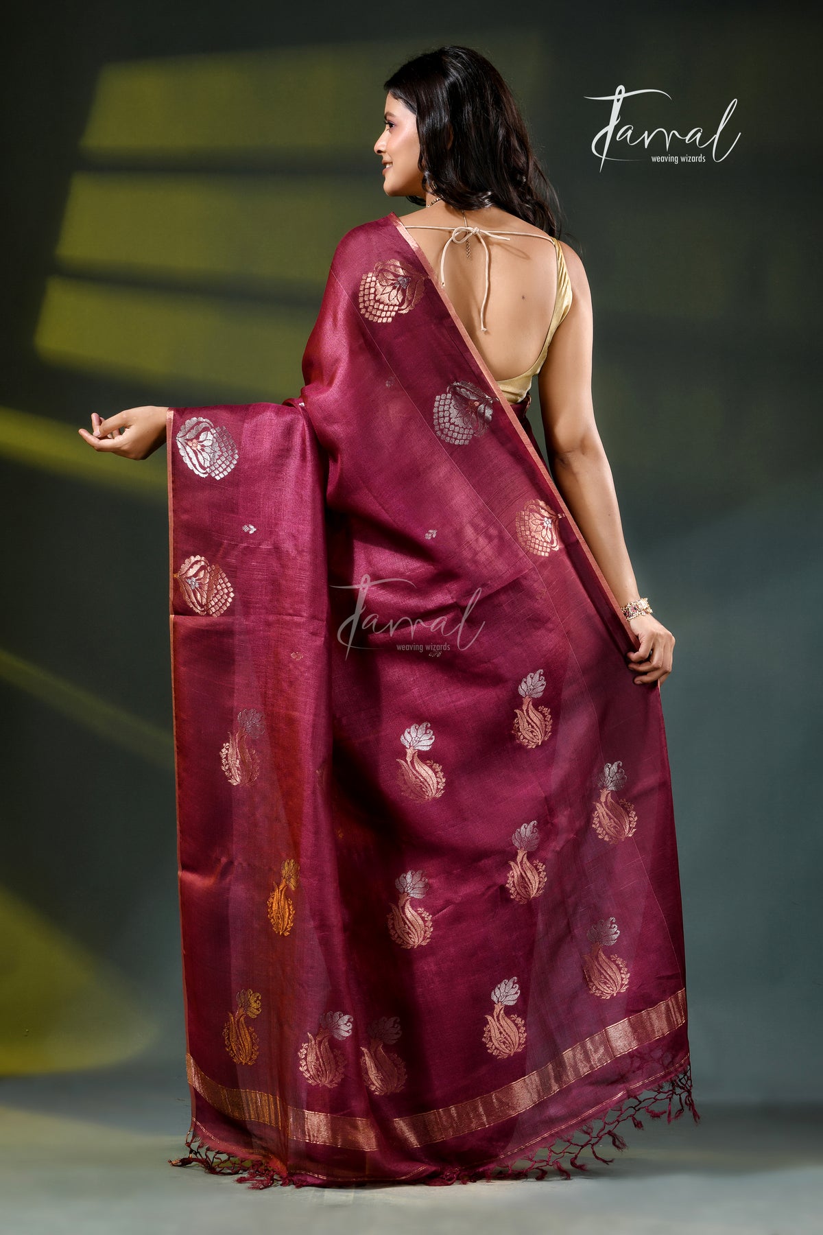 Dark Magenta Pure Tussar Silk Handloom Jamdani Saree | Earthy Vibrancy | Tamal Boutique