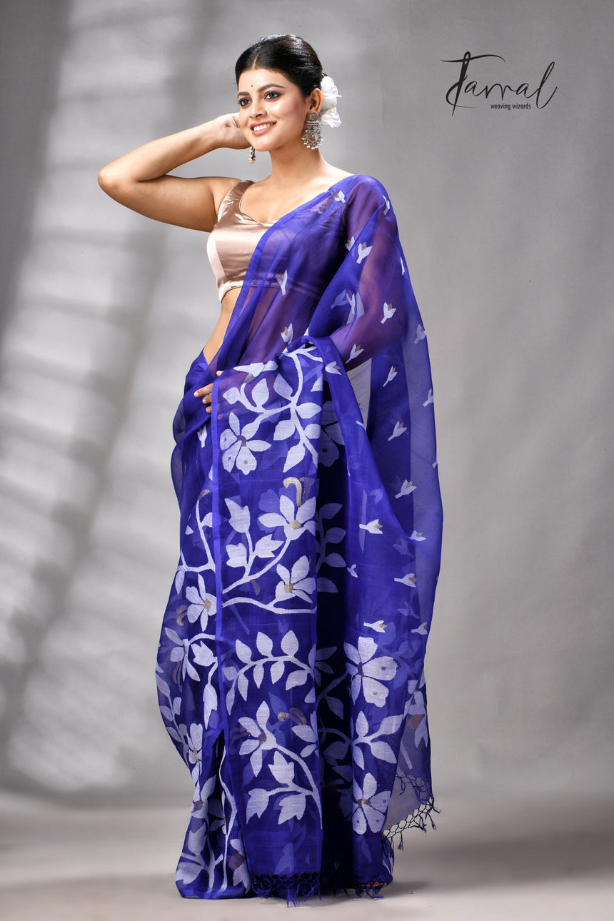 Royal Blue Pure Muslin Silk Handwoven Jamdani Saree